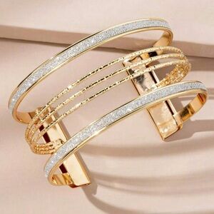 Bling Bling Cuff Bracelet Yellow Gold Tone Embellished Glitter Shiny